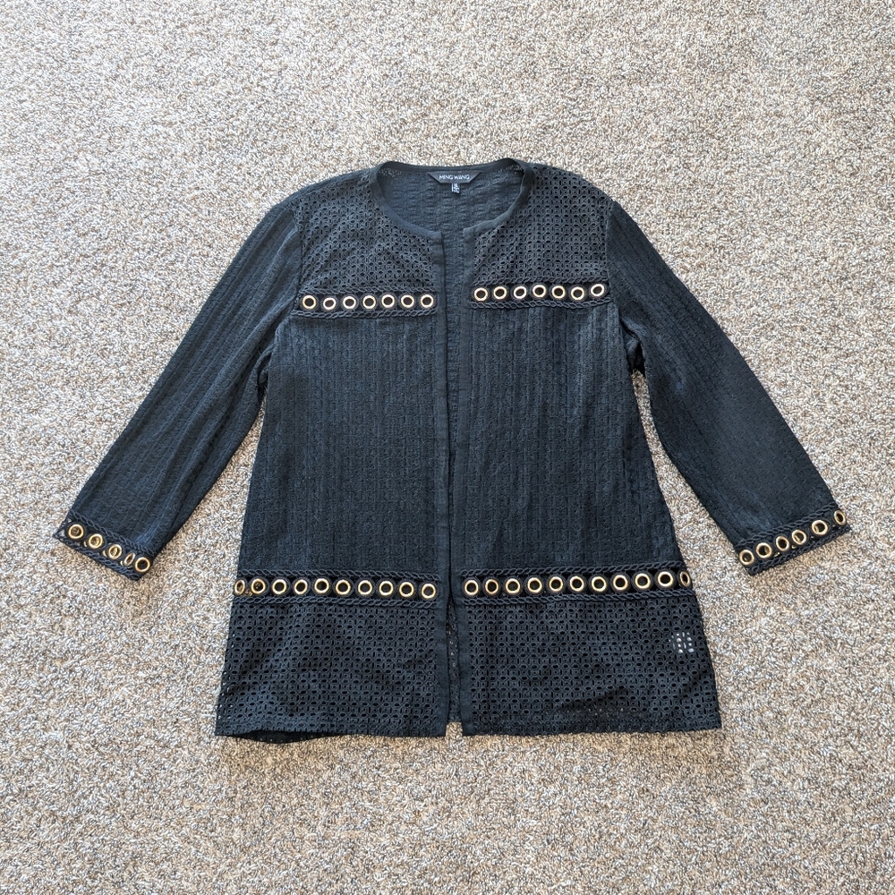 Ming Wang Eyelet Statement Cardigan Black Gold Grommets Size XL